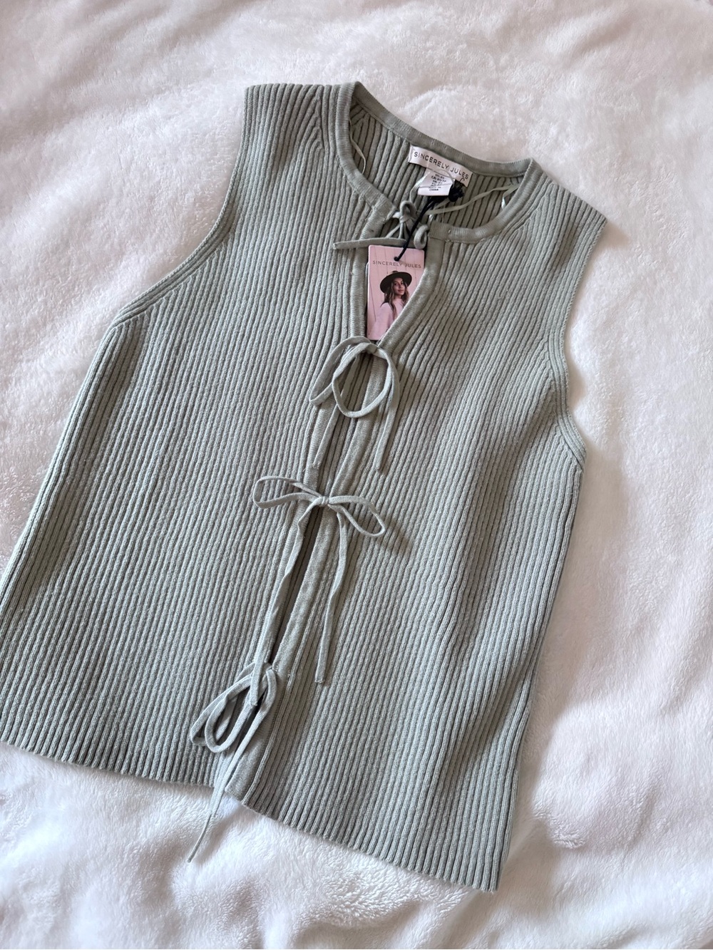 Sage Green Ribbed Tie-Front Tank Top